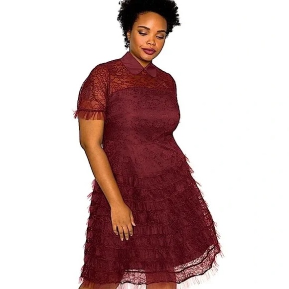 Eloquii Burgundy Wine Lace Peter Pan Collar Ruffle Midi Dress SZ 28 Romantic NEW - Picture 2 of 14